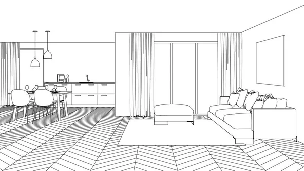Modern House Interior Design Project Sketch Rendering — Stock Photo, Image
