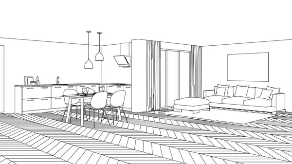 Interior Rumah Modern Proyek Desain Sketch Perender — Stok Foto