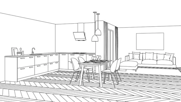 Interior Rumah Modern Proyek Desain Sketch Perender — Stok Foto