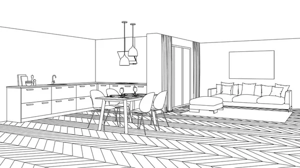 Interior Rumah Modern Proyek Desain Sketch Perender — Stok Foto