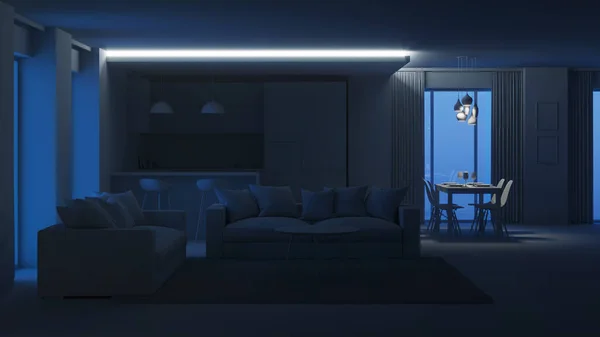 Interior Casa Moderna Iluminação Nocturna Boa Noite Renderização — Fotografia de Stock
