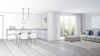 Modern ev iç. Tasarım projesi. Kroki. 3D render.