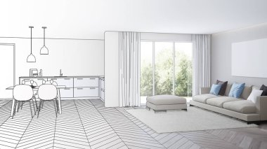 Modern ev iç. Tasarım projesi. Kroki. 3D render.