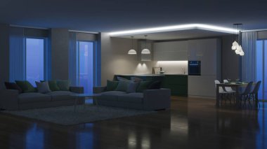 Modern ev iç. Akşam aydınlatma. İyi geceler. 3D render.
