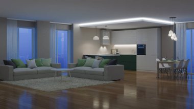 Modern ev iç. Akşam aydınlatma. İyi geceler. 3D render.