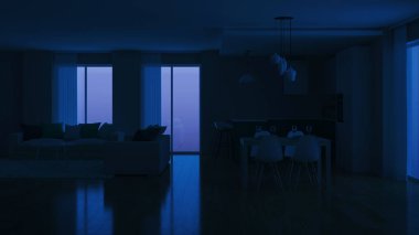 Modern ev iç. Akşam aydınlatma. İyi geceler. 3D render.