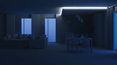 Modern ev iç. Akşam aydınlatma. İyi geceler. 3D render.