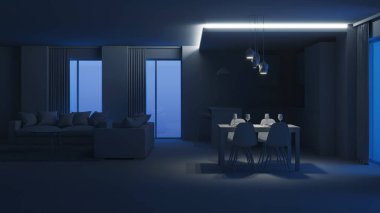 Modern ev iç. Akşam aydınlatma. İyi geceler. 3D render.