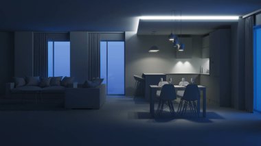 Modern ev iç. Akşam aydınlatma. İyi geceler. 3D render.