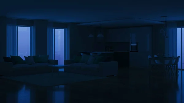 Современный Интерьер Дома Вечернее Освещение Спокойной Ночи Рендеринг — стоковое фото