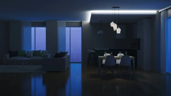 Modern Huis Interieur Avonds Verlichting Nacht Rendering — Stockfoto