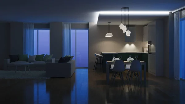 Interni Casa Moderna Illuminazione Serale Buonanotte Rendering — Foto Stock