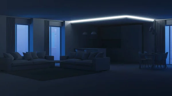 Modern House Interior Evening Lighting Night Rendering — Stock Photo, Image