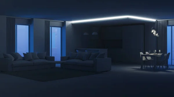 Interior Casa Moderna Iluminación Nocturna Buenas Noches Renderizado —  Fotos de Stock
