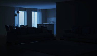 Modern ev iç. Mavi mutfak. İyi geceler. Akşam aydınlatma. 3D render.
