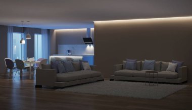 Modern ev iç. Mavi mutfak. İyi geceler. Akşam aydınlatma. 3D render.