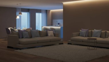 Modern ev iç. Mavi mutfak. İyi geceler. Akşam aydınlatma. 3D render.