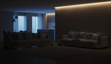 Modern ev iç. Mavi mutfak. İyi geceler. Akşam aydınlatma. 3D render.