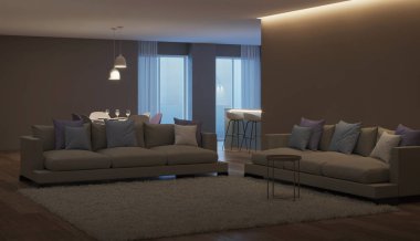 Modern ev iç. Mavi mutfak. İyi geceler. Akşam aydınlatma. 3D render.