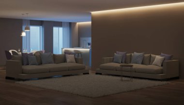 Modern ev iç. Mavi mutfak. İyi geceler. Akşam aydınlatma. 3D render.