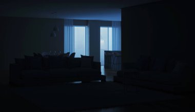 Modern ev iç. Mavi mutfak. İyi geceler. Akşam aydınlatma. 3D render.