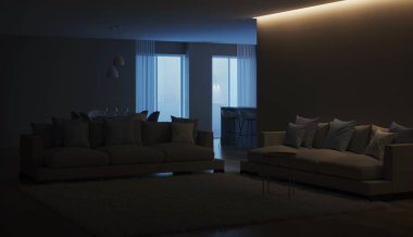 Modern ev iç. Mavi mutfak. İyi geceler. Akşam aydınlatma. 3D render.