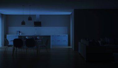 Modern ev iç. Mavi mutfak. İyi geceler. Akşam aydınlatma. 3D render.