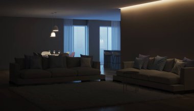 Modern ev iç. Mavi mutfak. İyi geceler. Akşam aydınlatma. 3D render.