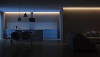 Modern ev iç. Mavi mutfak. İyi geceler. Akşam aydınlatma. 3D render.