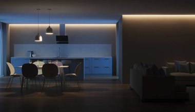 Modern ev iç. Mavi mutfak. İyi geceler. Akşam aydınlatma. 3D render.