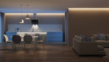Modern ev iç. Mavi mutfak. İyi geceler. Akşam aydınlatma. 3D render.