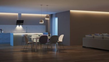 Modern ev iç. Mavi mutfak. İyi geceler. Akşam aydınlatma. 3D render.