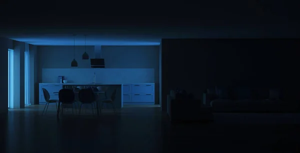 Moderne Hauseinrichtung Blaue Küche Nacht Abendbeleuchtung Darstellung — Stockfoto