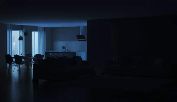 인테리어입니다 주방입니다 밤입니다 조명입니다 렌더링 — 스톡 사진