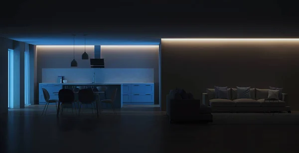 Modern Huis Interieur Blauwe Keuken Nacht Avonds Verlichting Rendering — Stockfoto