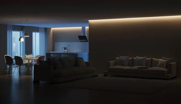 Interior Casa Moderna Cocina Azul Buenas Noches Iluminación Nocturna Renderizado — Foto de Stock