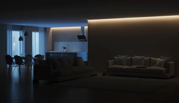 モダンな家のインテリア ブルーのキッチン 夜の照明 レンダリング — ストック写真