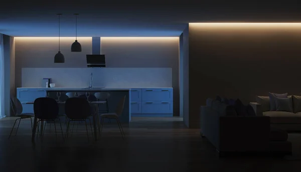 Modern House Interior Blue Kitchen Night Evening Lighting Rendering — Stock Photo, Image