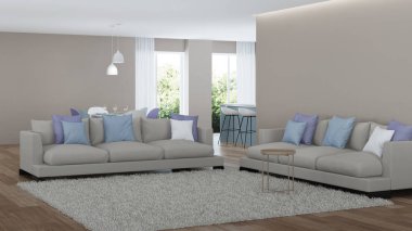 Modern ev iç. Mavi mutfak. 3D render.