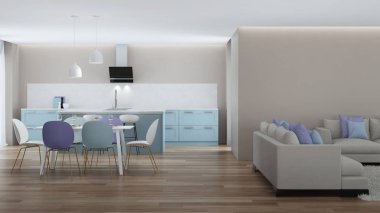 Modern ev iç. Mavi mutfak. 3D render.