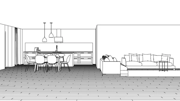Современный Интерьер Дома Дизайн Проекта Скетч Рендеринг — стоковое фото