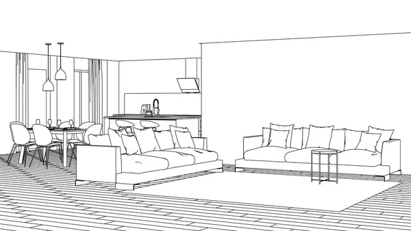 Interior Rumah Modern Proyek Desain Sketch Perender — Stok Foto