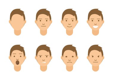 Birtakım duygular. Erkek Yüzler 8 türleri. Farklı ruh halleri görüntüleri vektör. Beyaz arka plan üzerinde izole.