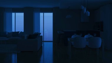 Modern ev iç. Akşam aydınlatma. İyi geceler. 3D render.