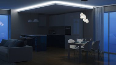 Modern ev iç. Akşam aydınlatma. İyi geceler. 3D render.