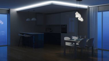 Modern ev iç. Akşam aydınlatma. İyi geceler. 3D render.