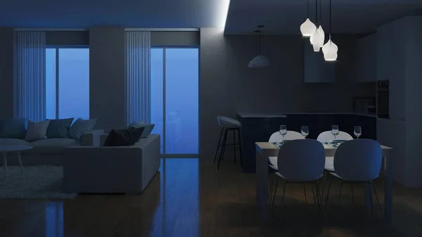 Interni Casa Moderna Illuminazione Serale Buonanotte Rendering — Foto Stock