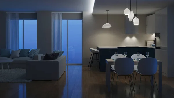 Modern Huis Interieur Avonds Verlichting Nacht Rendering — Stockfoto