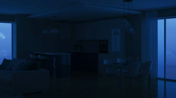 Interior Casa Moderna Iluminação Nocturna Boa Noite Renderização — Fotografia de Stock