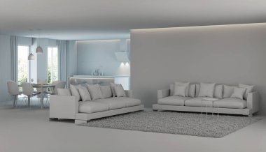 Modern ev iç. Tasarım projesi. Gri iç. 3D render.